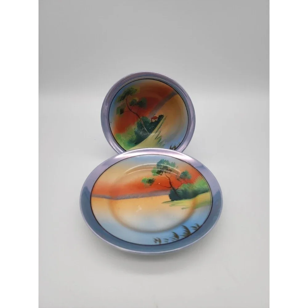 Japan Footed Rice Bowl & Plate Blue Luster Edge Hand Painted Sunset Water House